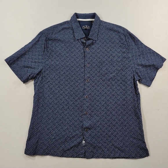 Nat Nast Silk Blend Short Sleeve Shirt Mens Large Navy‎ Blue Geometric Pattern - Picture 2 of 8